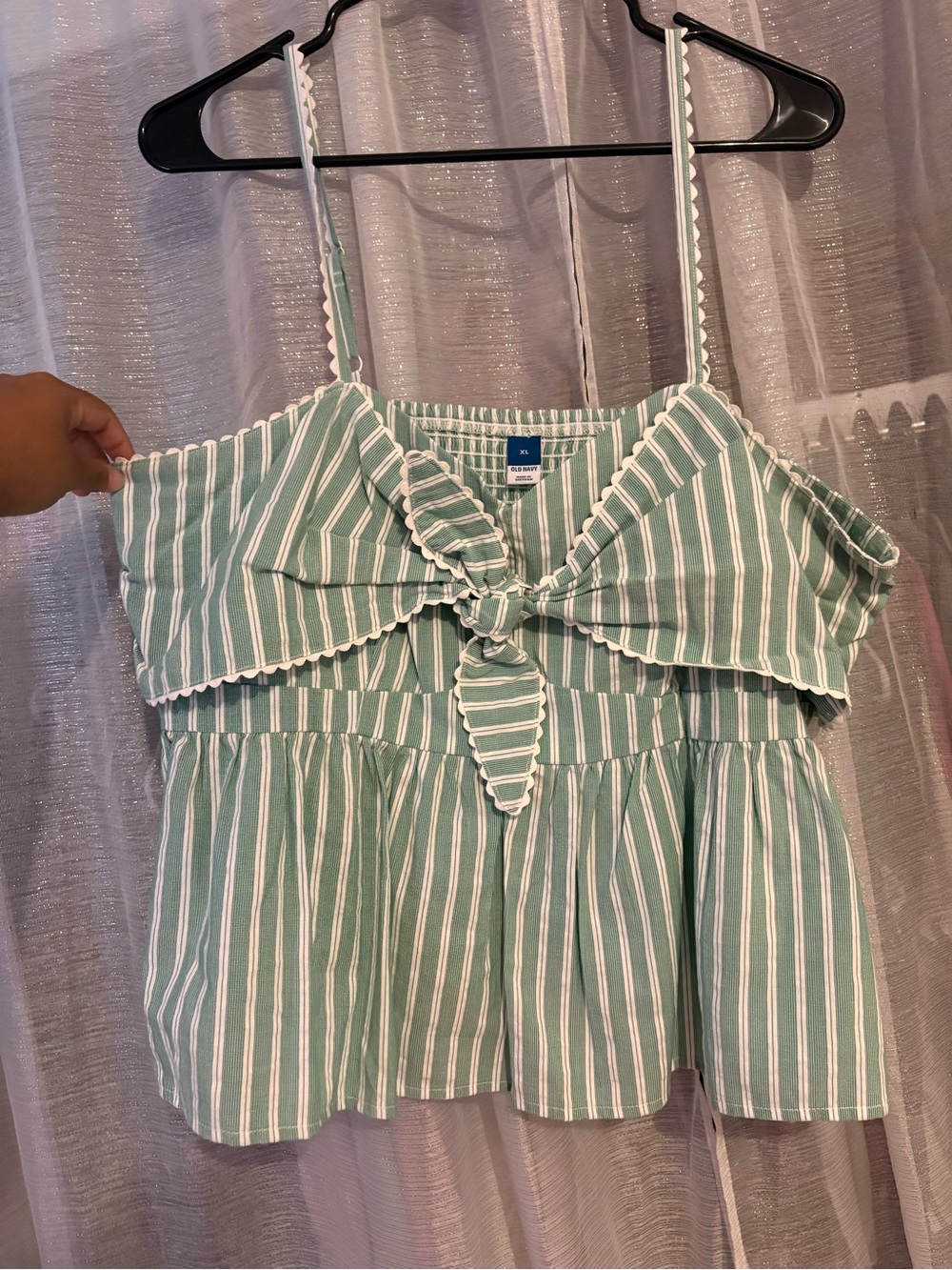 Old Navy Green and White Striped Tie-Front Cropped Tank